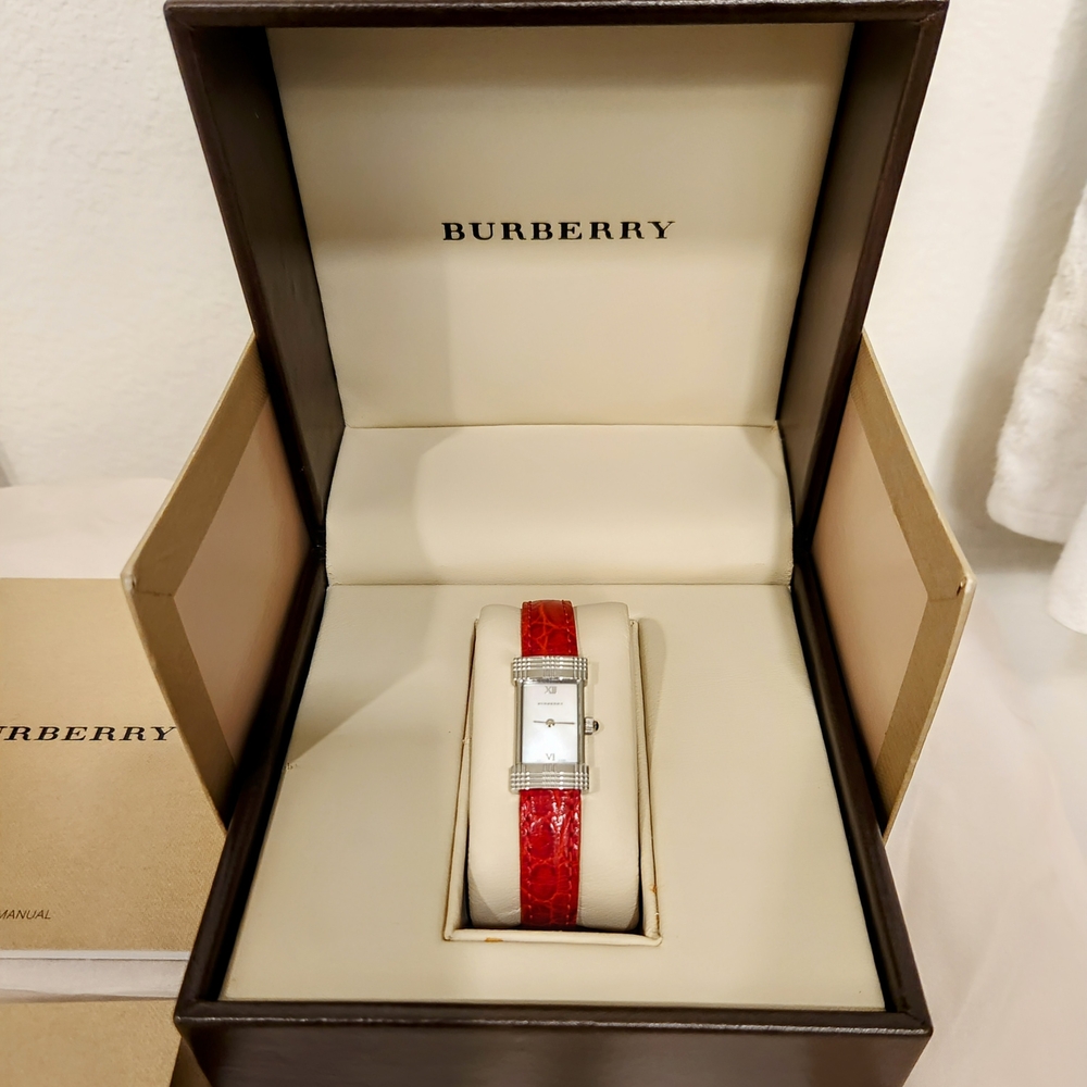 Burberry Red Leather Strap Watch with Silver Face